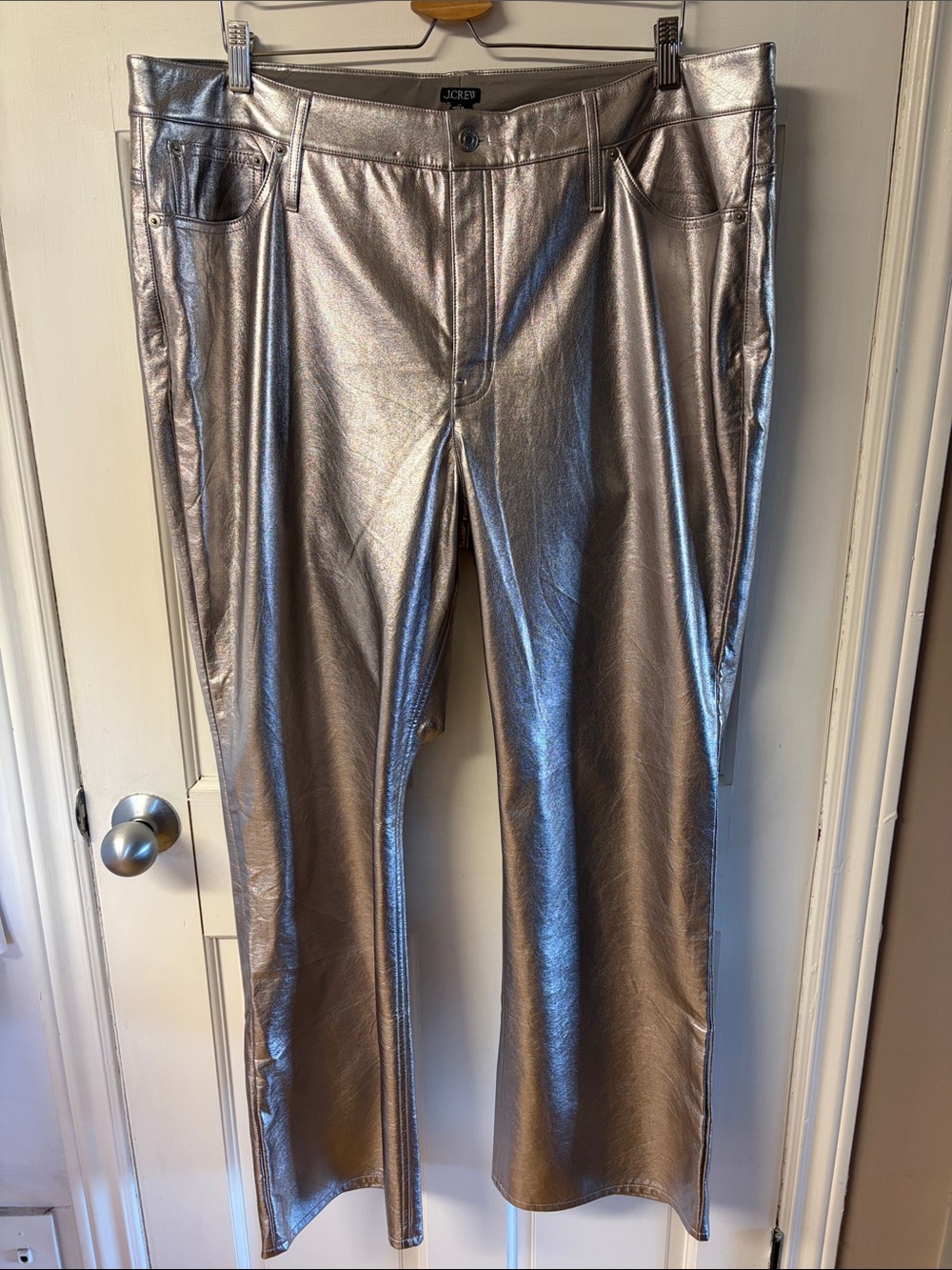 J. Crew silver metallic faux leather five pocket flare pants NWT women’s size 35